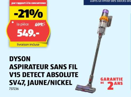 DYSON ASPIRATEUR SANS FIL V15 DETECT ABSOLUTE SV47, JAUNE/NICKEL