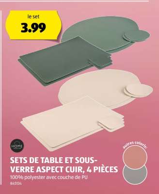 SETS DE TABLE ET SOUS-VERRE ASPECT CUIR, 4 PIÈCES