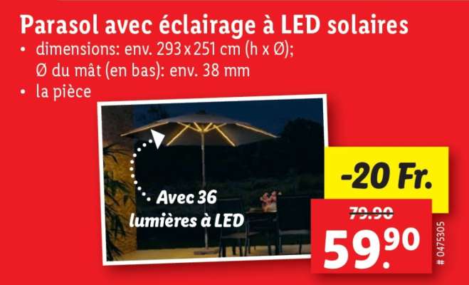 Parasol avec éclairage à LED solaires