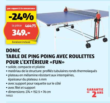 DONIC TABLE DE PING POING AVEC ROULETTES POUR L’EXTÉRIEUR «FUN»