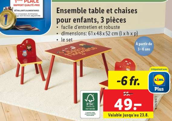 Ensemble table et chaises pour enfants, 3 pièces
