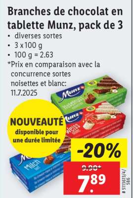 Branches de chocolat en tablette Munz, pack de 3