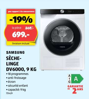 SAMSUNG SÈCHE-LINGE DV6000, 9 KG
