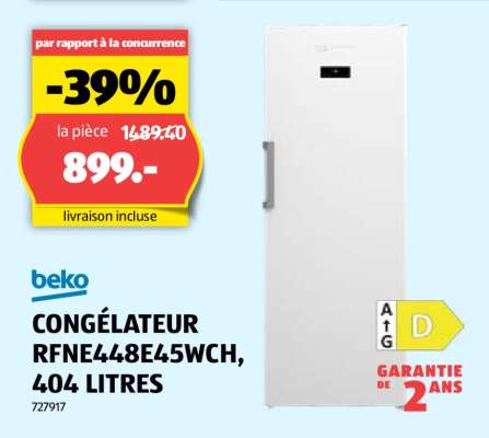 beko CONGÉLATEUR RFNE448E45WCH, 404 LITRES