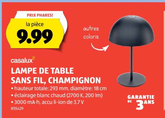 LAMPE DE TABLE SANS FIL, CHAMPIGNON