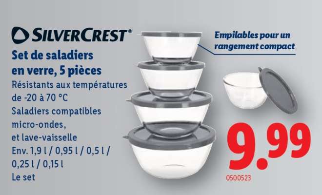 SILVERCREST Set de saladiers en verre, 5 pièces