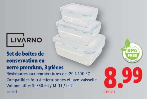 Set de boîtes de conservation en verre premium, 3 pièces