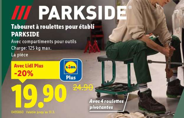 Tabouret à roulettes pour établi PARKSIDE