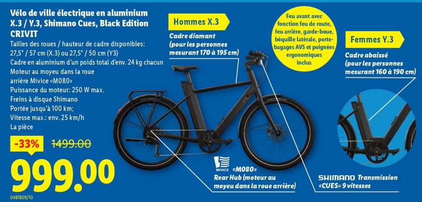 Vélo de ville électrique en aluminium X.3 / Y.3, Shimano Cues, Black Edition CRIVIT