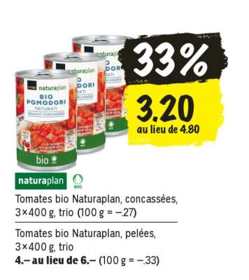 Tomates bio Naturaplan, concassées, 3×400 g, trio