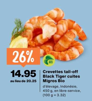 Crevettes tail-off Black Tiger cuites Migros Bio