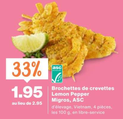 Brochettes de crevettes Lemon Pepper Migros, ASC