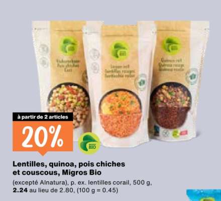 Lentilles, quinoa, pois chiches et couscous, Migros Bio