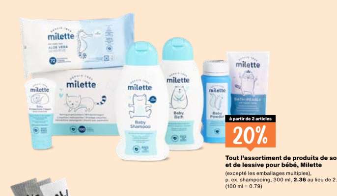 Tout l'assortiment de produits de soin et de lessive pour bébé, Milette
