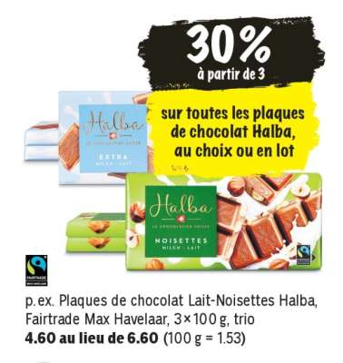 Plaques de chocolat Lait-Noisettes Halba, Fairtrade Max Havelaar