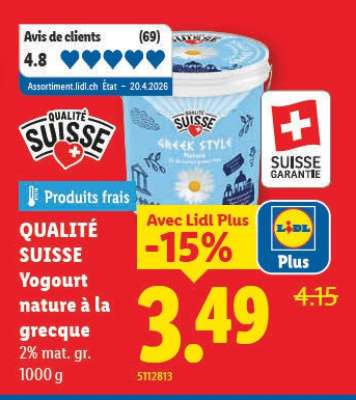 QUALITÉ SUISSE Yogourt nature à la grecque