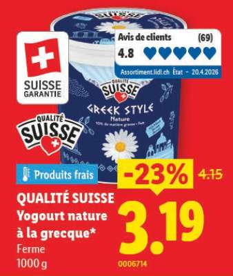 QUALITÉ SUISSE Yogourt nature à la grecque