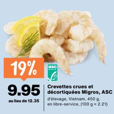 Crevettes crues et décortiquées Migros, ASC