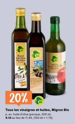 Tous les vinaigres et huiles, Migros Bio