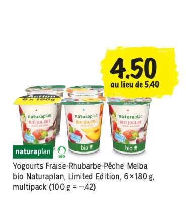 Yogourts Fraise-Rhubarbe-Pêche Melba bio Naturaplan