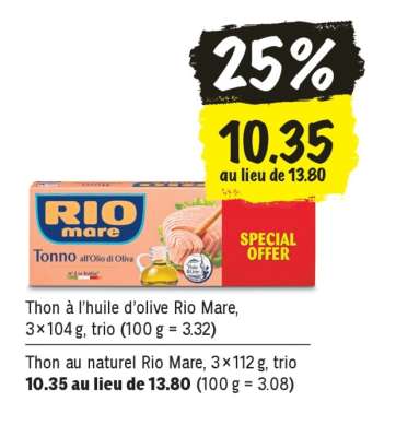 Thon à l’huile d’olive Rio Mare, 3×104 g, trio