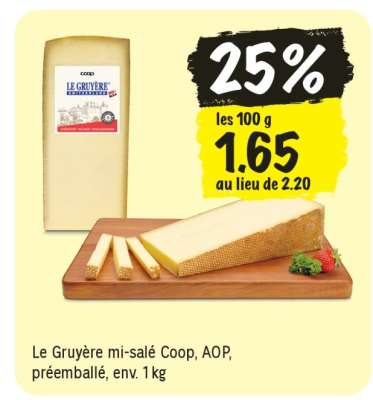 Le Gruyère mi-salé Coop, AOP, préemballé, env. 1 kg