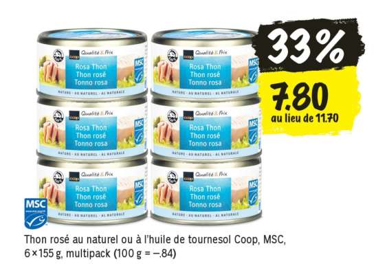 Thon rosé au naturel ou à l'huile de tournesol Coop, MSC