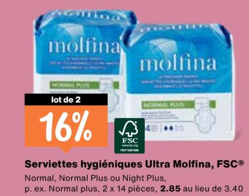 Serviettes hygiéniques Ultra Molfina, FSC