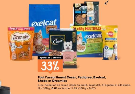 Tout l’assortiment Cesar, Pedigree, Exelcat, Sheba et Dreamies