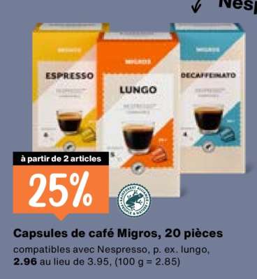 Capsules de café Migros, 20 pièces