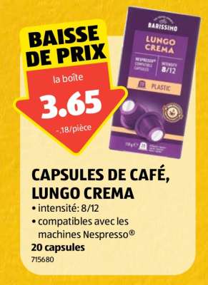 CAPSULES DE CAFÉ, LUNGO CREMA