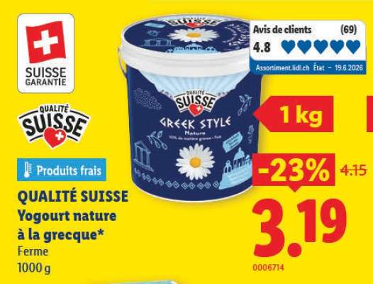 QUALITÉ SUISSE Yogourt nature à la grecque