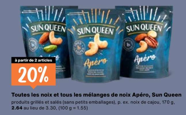 Toutes les noix et tous les mélanges de noix Apéro, Sun Queen
