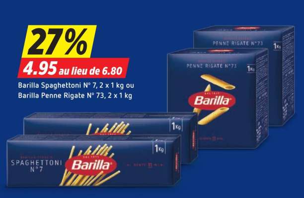 Barilla Spaghettoni N° 7, 2 x 1 kg ou Barilla Penne Rigate N° 73, 2 x 1 kg