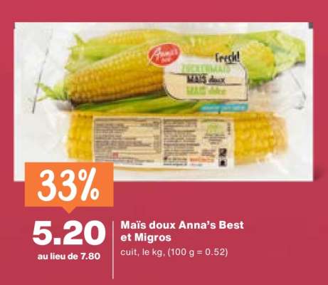 Maïs doux Anna’s Best et Migros