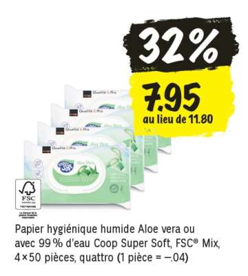 Papier hygiénique humide Aloe vera ou avec 99% d’eau Coop Super Soft, FSC® Mix, 4 x 50 pièces, quattro