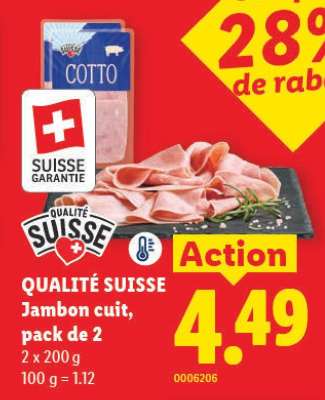 QUALITÉ SUISSE Jambon cuit, pack de 2
