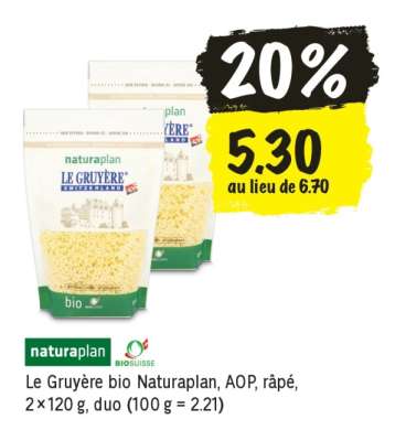 Le Gruyère bio Naturaplan, AOP, râpé