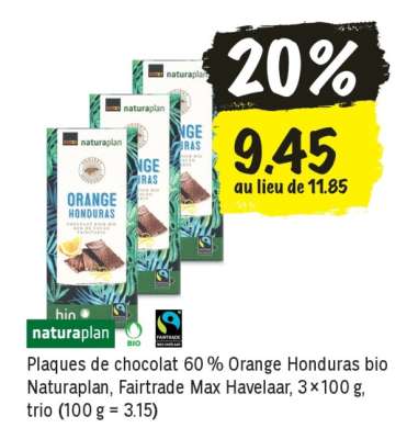 Plaques de chocolat 60 % Orange Honduras bio Naturaplan, Fairtrade Max Havelaar