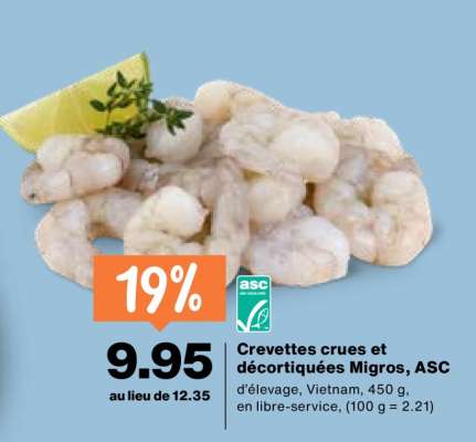 Crevettes crues et décortiquées Migros, ASC