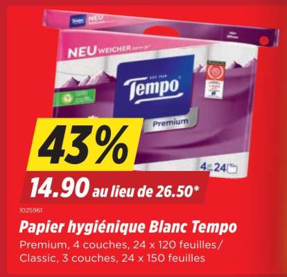 Papier hygiénique Blanc Tempo