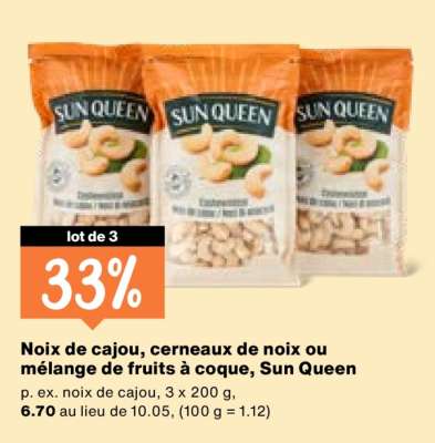 Noix de cajou, cerneaux de noix ou mélange de fruits à coque, Sun Queen