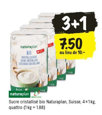 Sucre cristallisé bio Naturaplan, Suisse, 4×1kg, quattro