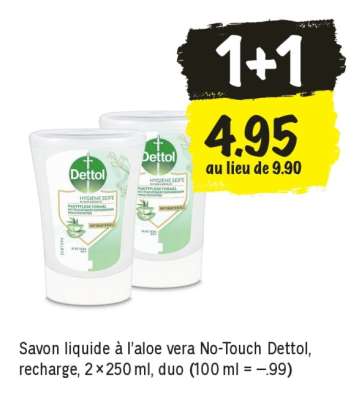 Savon liquide à l’aloe vera No-Touch Dettol, recharge, 2×250 ml, duo