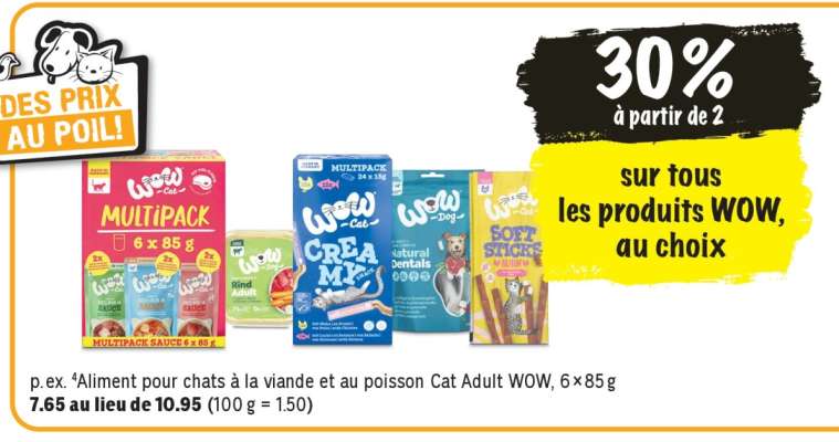 Aliment pour chats à la viande et au poisson Cat Adult WOW, 6 x 85 g