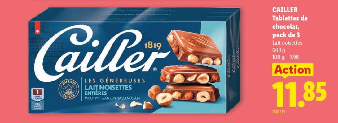 CAILLER Tablettes de chocolat, pack de 3