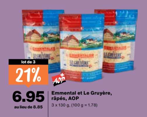 Emmental et Le Gruyère, râpés, AOP
