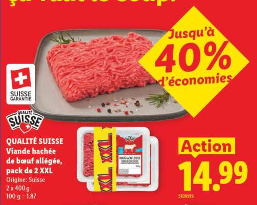 QUALITÉ SUISSE Viande hachée de bœuf allégée, pack de 2 XXL