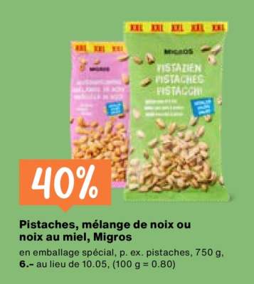 Pistaches, mélange de noix ou noix au miel, Migros
