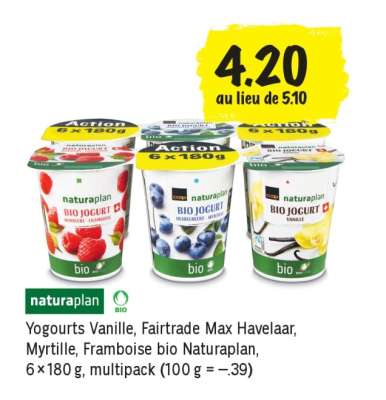 Yogourts Vanille, Fairtrade Max Havelaar, Myrtille, Framboise bio Naturaplan